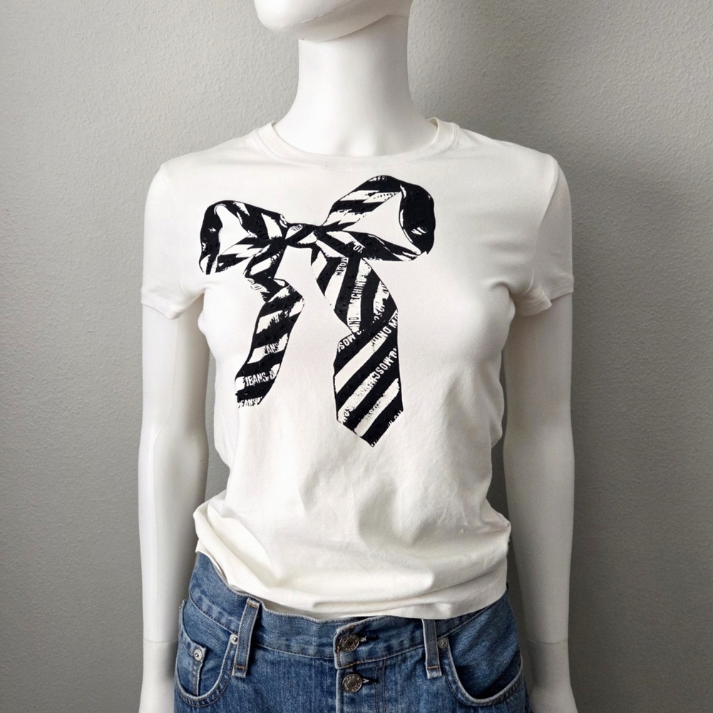 Moschino Jeans White T-shirt With Black Bow, Size XS / S